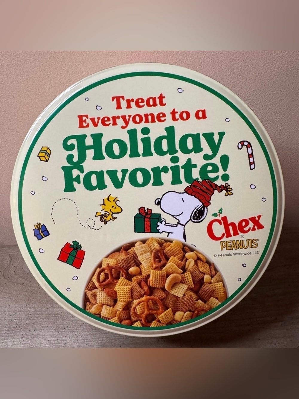 Peanuts and Chex Collab Holiday Tin Container 2025